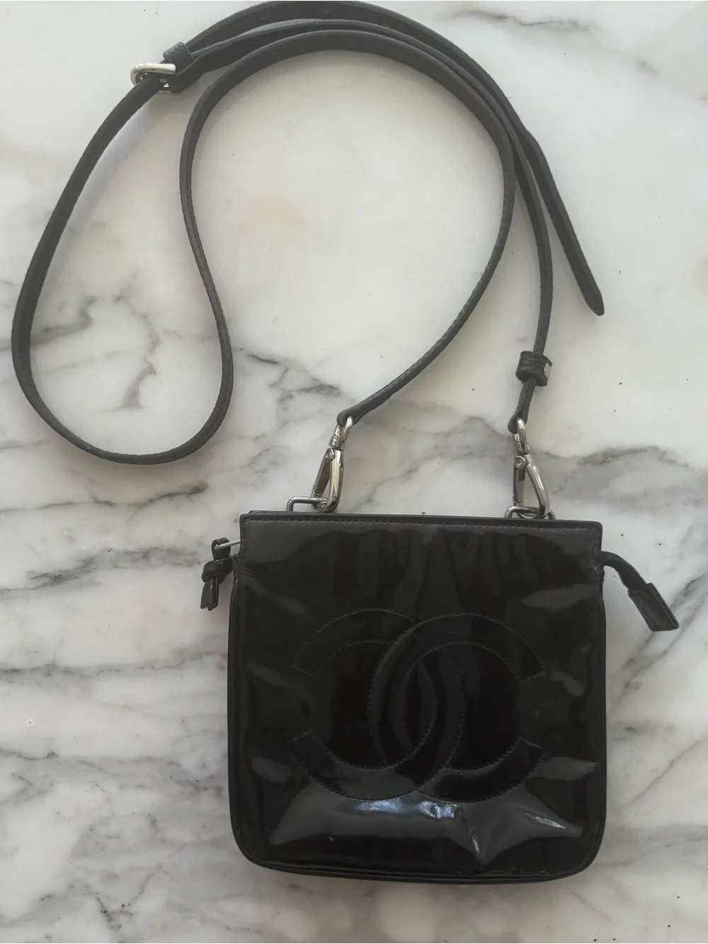 CHANEL Black Patent Leather CC Logo Converted Belt to Crossbody Bag